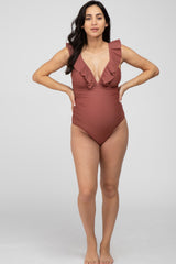 Brown Ruffle One-Piece Maternity Swimsuit