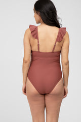 Brown Ruffle One-Piece Maternity Swimsuit