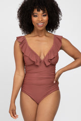 Brown Ruffle One-Piece Maternity Swimsuit