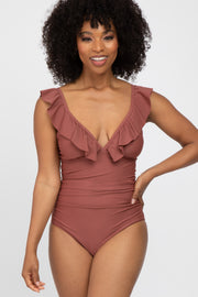 Brown Ruffle One-Piece Swimsuit