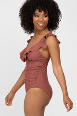 Brown Ruffle One-Piece Swimsuit