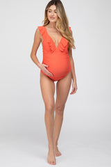 Orange Ruffle One-Piece Maternity Swimsuit