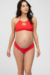 Red Ribbed Scalloped Two-Piece Maternity Bikini Set