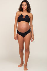 Black Ribbed Scalloped Two-Piece Maternity Bikini Set