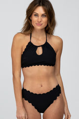 Black Ribbed Scalloped Two-Piece Maternity Bikini Set