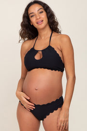 Black Ribbed Scalloped Two-Piece Maternity Bikini Set