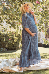 Navy Blue Floral Collared Button Down Hi-Low Maternity Midi Dress