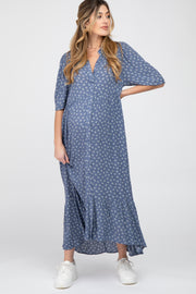 Navy Blue Floral Collared Button Down Hi-Low Maternity Midi Dress