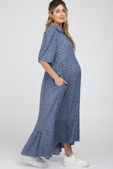 Navy Blue Floral Collared Button Down Hi-Low Maternity Midi Dress