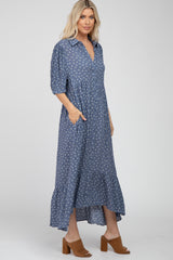 Navy Blue Floral Collared Button Down Hi-Low Midi Dress