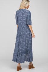 Navy Blue Floral Collared Button Down Hi-Low Midi Dress