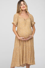 Gold Floral Square Neck Front Tie Maternity Midi Dress