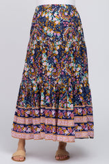 Navy Multi-Color Floral Ruffle Hem Maternity Maxi Skirt