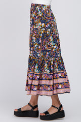 Navy Multi-Color Floral Ruffle Hem Maxi Skirt