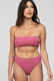 Mauve Ribbed Bandeau Bikini Swim Set