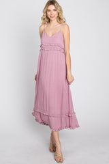 Mauve Swiss Dot Ruffle Accent Maxi Dress