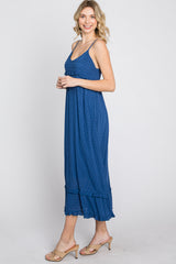 Navy Swiss Dot Ruffle Accent Maxi Dress