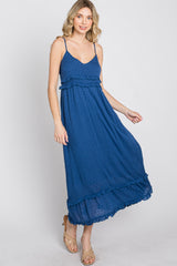 Navy Swiss Dot Ruffle Accent Maxi Dress