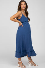 Navy Swiss Dot Ruffle Accent Maternity Maxi Dress