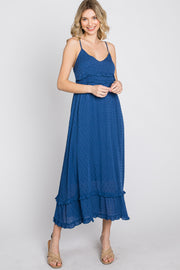 Navy Swiss Dot Ruffle Accent Maxi Dress