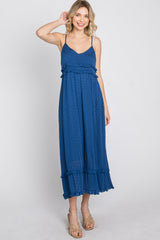 Navy Swiss Dot Ruffle Accent Maxi Dress