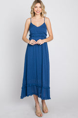 Navy Swiss Dot Ruffle Accent Maxi Dress