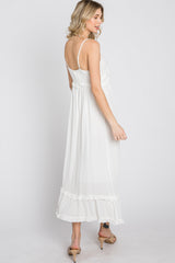 White Swiss Dot Ruffle Accent Maxi Dress