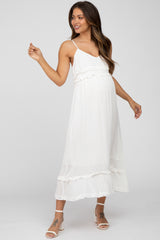 White Swiss Dot Ruffle Accent Maternity Maxi Dress