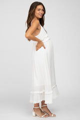 White Swiss Dot Ruffle Accent Maternity Maxi Dress