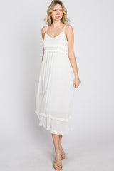 White Swiss Dot Ruffle Accent Maxi Dress