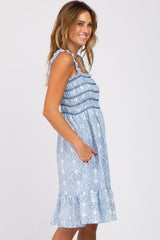 Blue Printed Smocked Ruffle Accent Dress