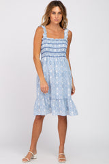 Blue Printed Smocked Ruffle Accent Dress