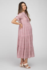 Mauve Animal Print Button Front Tiered Maternity Midi Dress