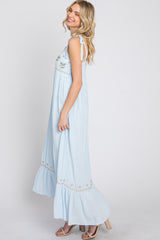 Light Blue Floral Embroidered Sleeveless Maxi Dress