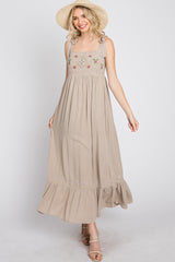 Beige Floral Embroidered Sleeveless Maxi Dress