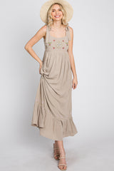 Beige Floral Embroidered Sleeveless Maxi Dress