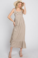 Beige Floral Embroidered Sleeveless Maxi Dress