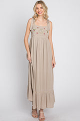 Beige Floral Embroidered Sleeveless Maxi Dress