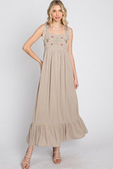 Beige Floral Embroidered Sleeveless Maxi Dress