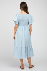 Light Blue Smocked Ruffle Hem Maternity Midi Dress