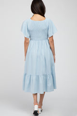 Light Blue Smocked Ruffle Hem Midi Dress