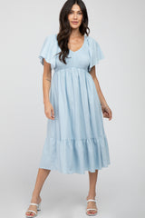 Light Blue Smocked Ruffle Hem Maternity Midi Dress