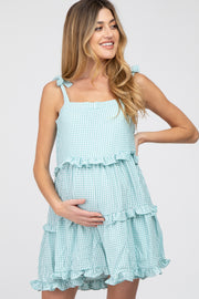 Light Teal Gingham Shoulder Tie Tiered Maternity Dress