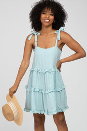 Light Teal Gingham Shoulder Tie Tiered Dress