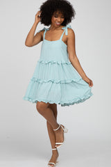 Light Teal Gingham Shoulder Tie Tiered Dress