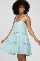 Light Teal Gingham Shoulder Tie Tiered Dress