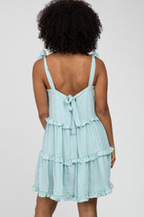 Light Teal Gingham Shoulder Tie Tiered Dress