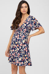 Navy Floral Short Sleeve Maternity Dress