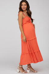 Coral Ruffle Accent Maternity Midi Dress