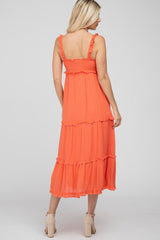 Coral Ruffle Accent Midi Dress